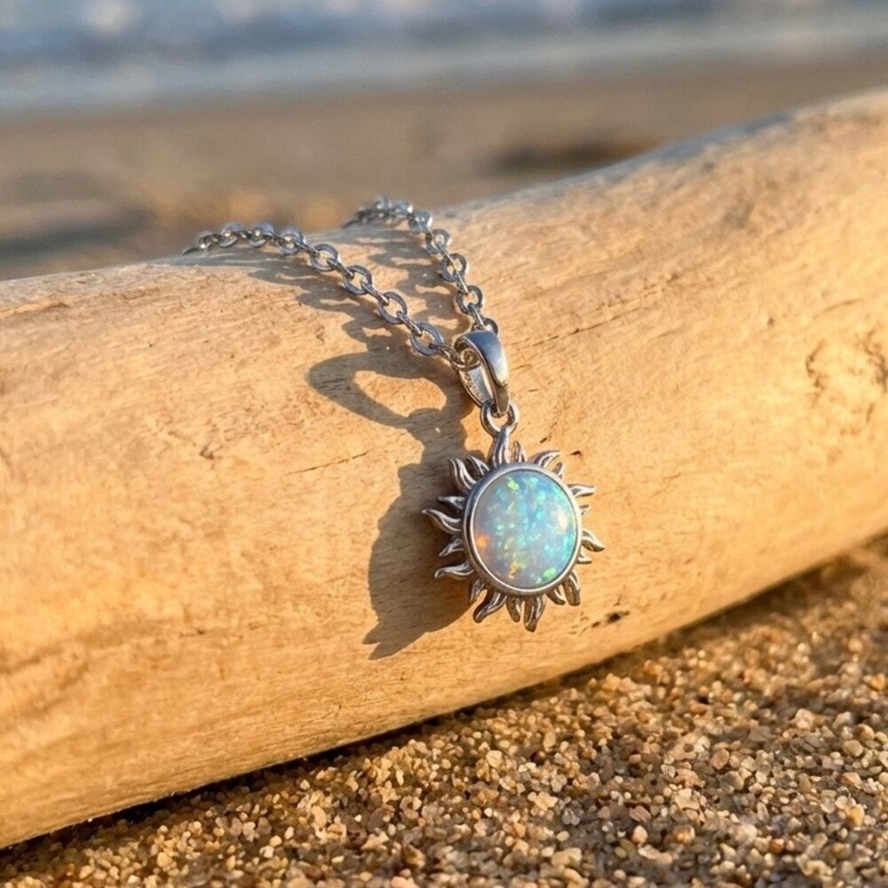 NWT Natural Opal Sun Pendant Necklace Platinum S925 Silver Platinum Celestial